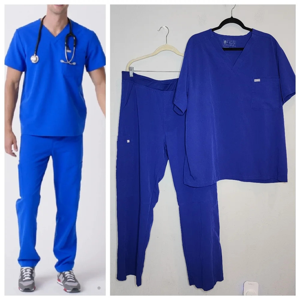 Figs SET Blue Scrubs Leon Three Pocket Top Axim Cargo Pants Men's Size XXL